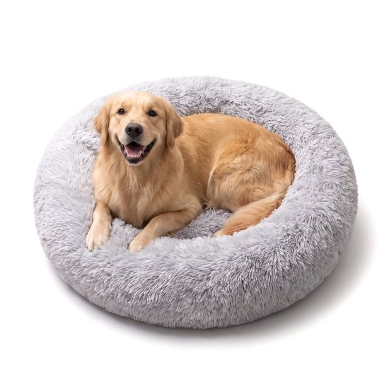 Golden retriever dans un lit rond pour chien pelucheux gris clair.