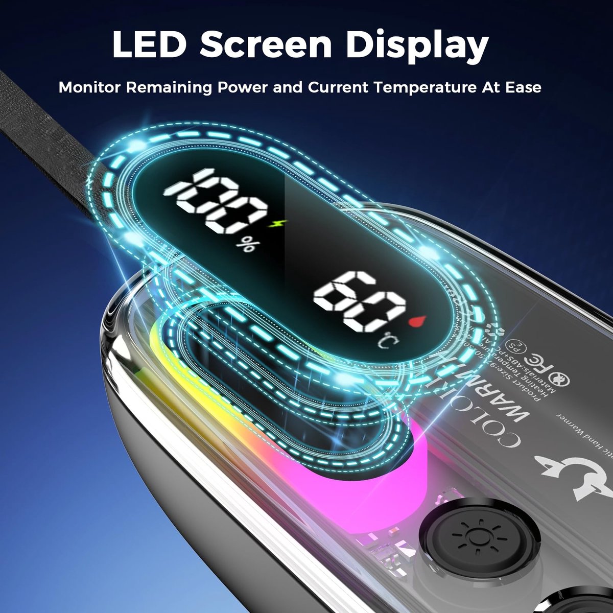 Namajunas - Elektrische hand warmer - 4 standen temperatuur regeling - Toont temperatuur en batterij percentage - Met RGB verlichting - Langdurige warmte - De perfecte winter musthave - Magnetisch handwarmer voor in de zak - Draagbare - Mini — cadeau in Gadgets - foto 3