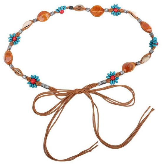 Bruine heupriem met amberkleurige kralen, schelpen, blauwe bloemen en strik.