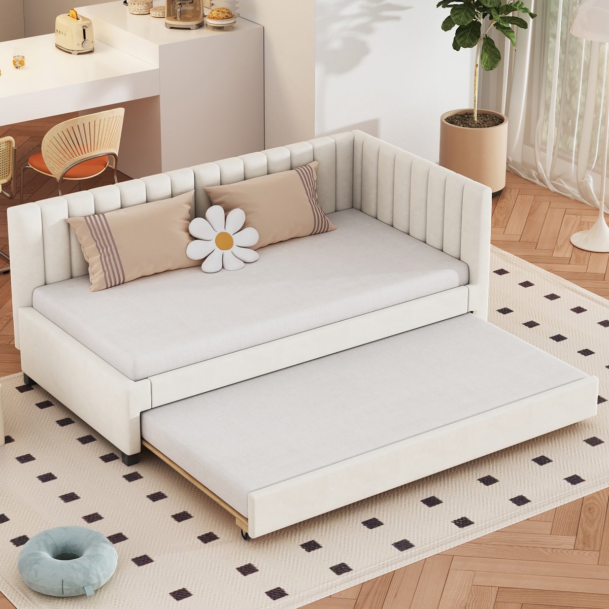 Kinderbed - voor matras 90 x 200 cm - beige - met lattenbodem - afmetingen 97 x 209,5 x 71 cm - matras niet inbegrepen - voor de slaapkamer