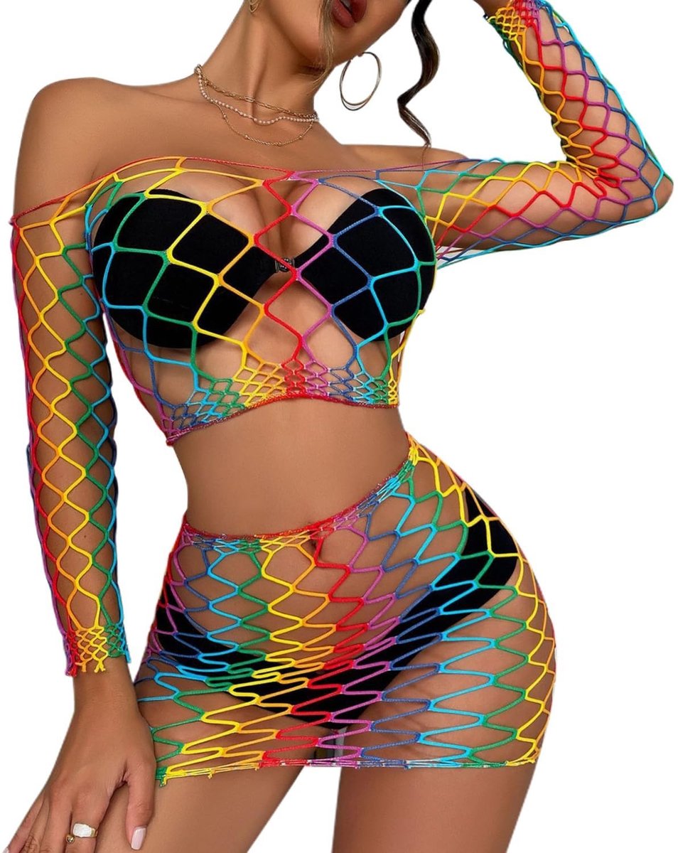 SolidKeus - Dames Mesh Body in Regenboogkleuren voor Festivals en Clubwear