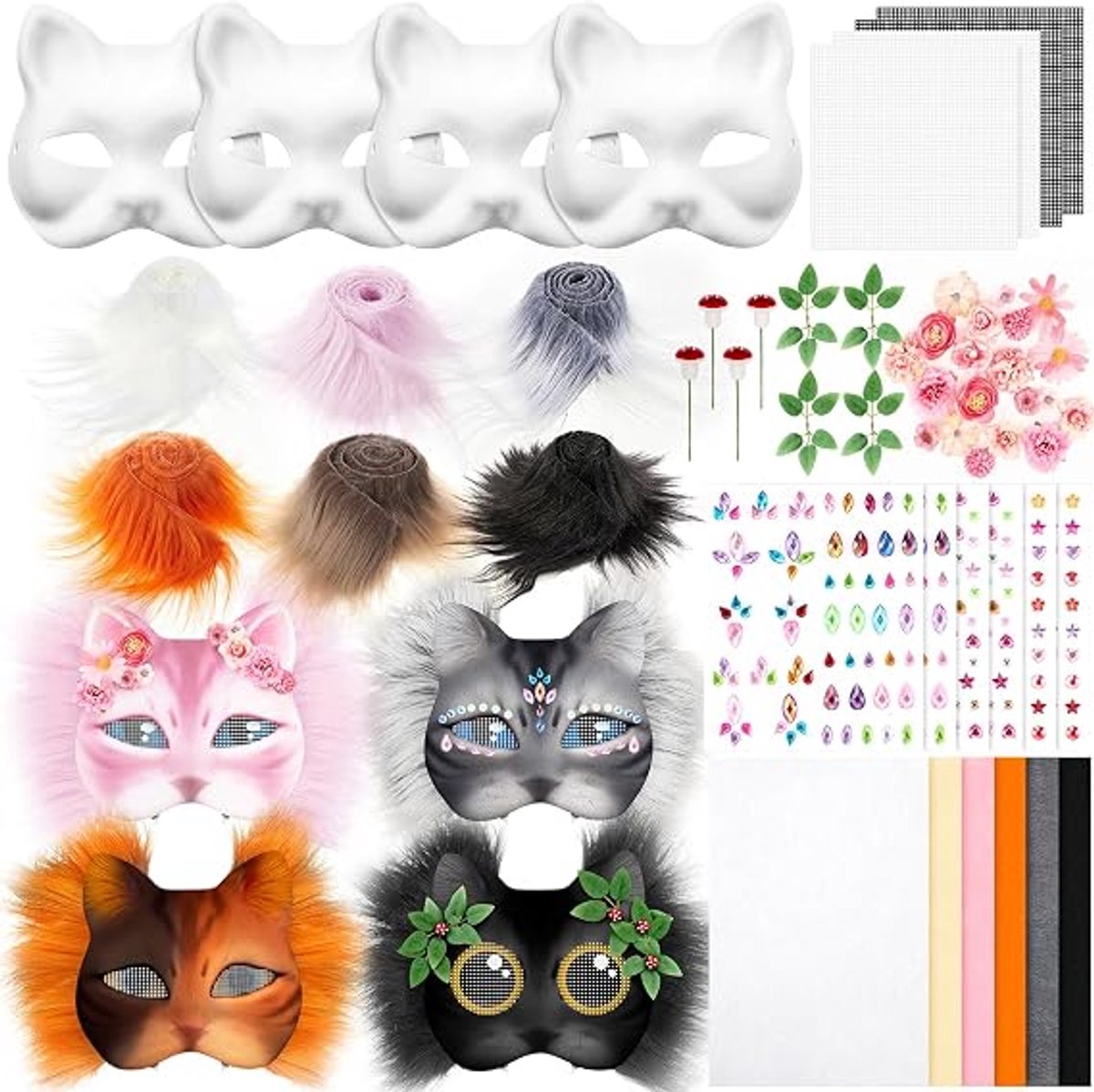 Kattenmaskerset - 4 stuks -Onbewerkte Basis Maskers - DIY - Zelf Ontwerpen en Schilderen - Geschikt voor Knutselen en Kostuums - Lichtgewicht en Comfortabel - Creatief Accessoire voor Feestjes en Rollenspel - Eenvoudig aan te Passen