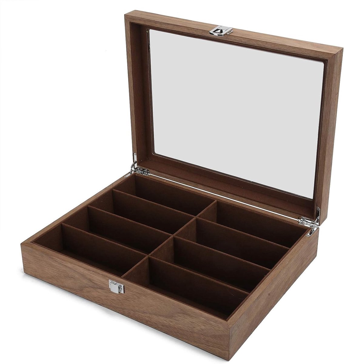 Opbergdoos voor Zonnebrillen met 8 Compartimenten - Houten Organizer met Transparant Deksel, Minimalistische Displaybox voor Zonnebrillen en Oogbescherming