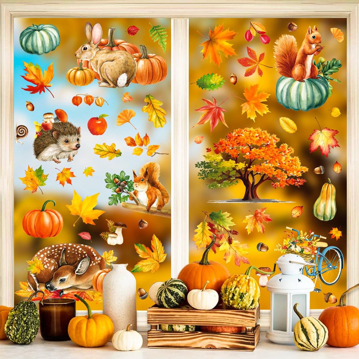 SolidKeus - Herfst Raamstickers met Pompoenen en Eekhoorns, Dubbelzijdig Geprint