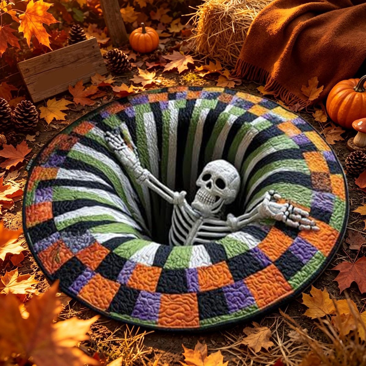 Namajunas vloerkleed - rond vloerkleed - vloerkleed rond met skelet - halloween decoratie - 3D-effect optische illusie - 60 x 60 cm - halloween versiering voor woonkamer slaapkamer feest