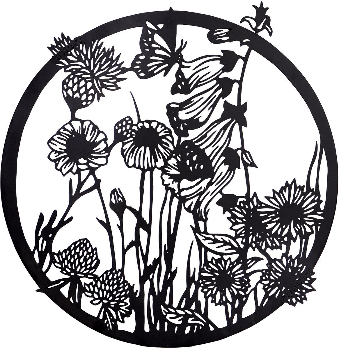 UNUS® Metalen Wanddecoratie Rond Bloemen met Vlinder Zwart Muurdecoratie Binnen en Buiten