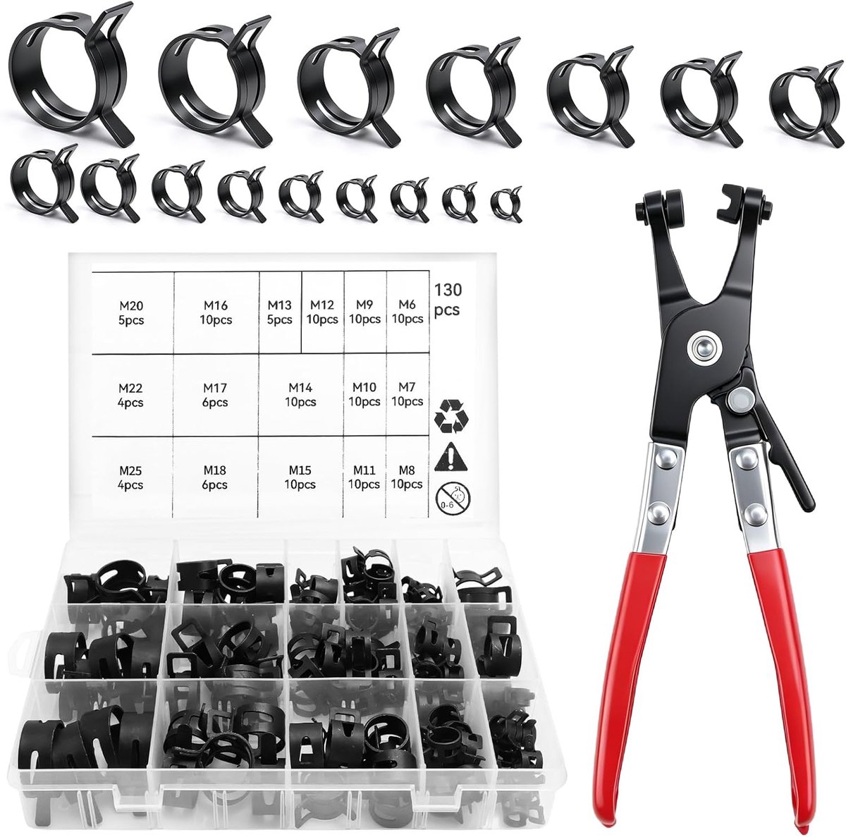 130 stuks 6-25 mm veerbandklemmen 16 maten - Brandstofleiding - slangklemmen - set met draaibare klemtang - slangklemmen - set klemmen - klemklem
