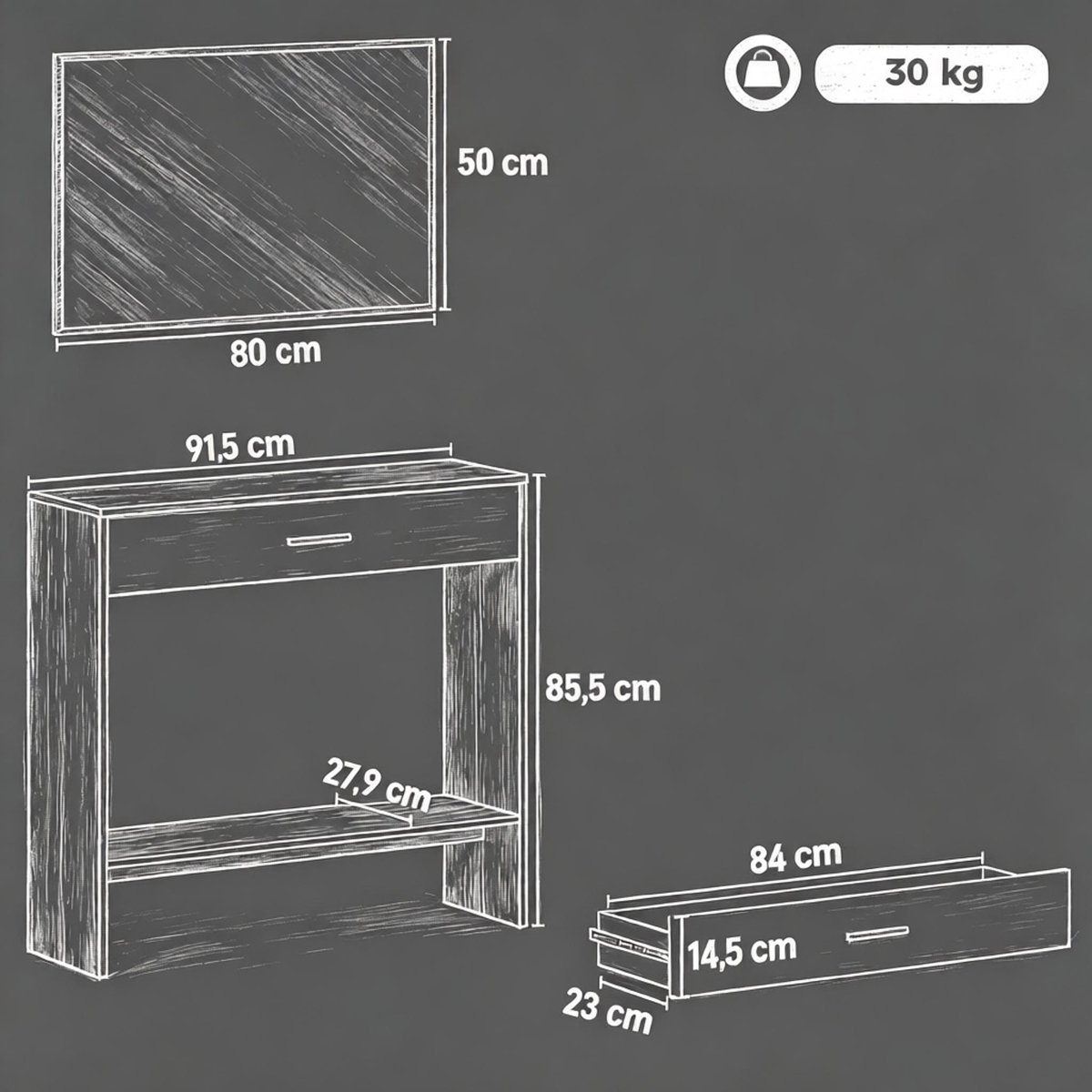 COVREO Kaptafel 91,5 x 27,9 x 85,5 cm, eiken wit, spaanplaat, met spiegel Eikenhout