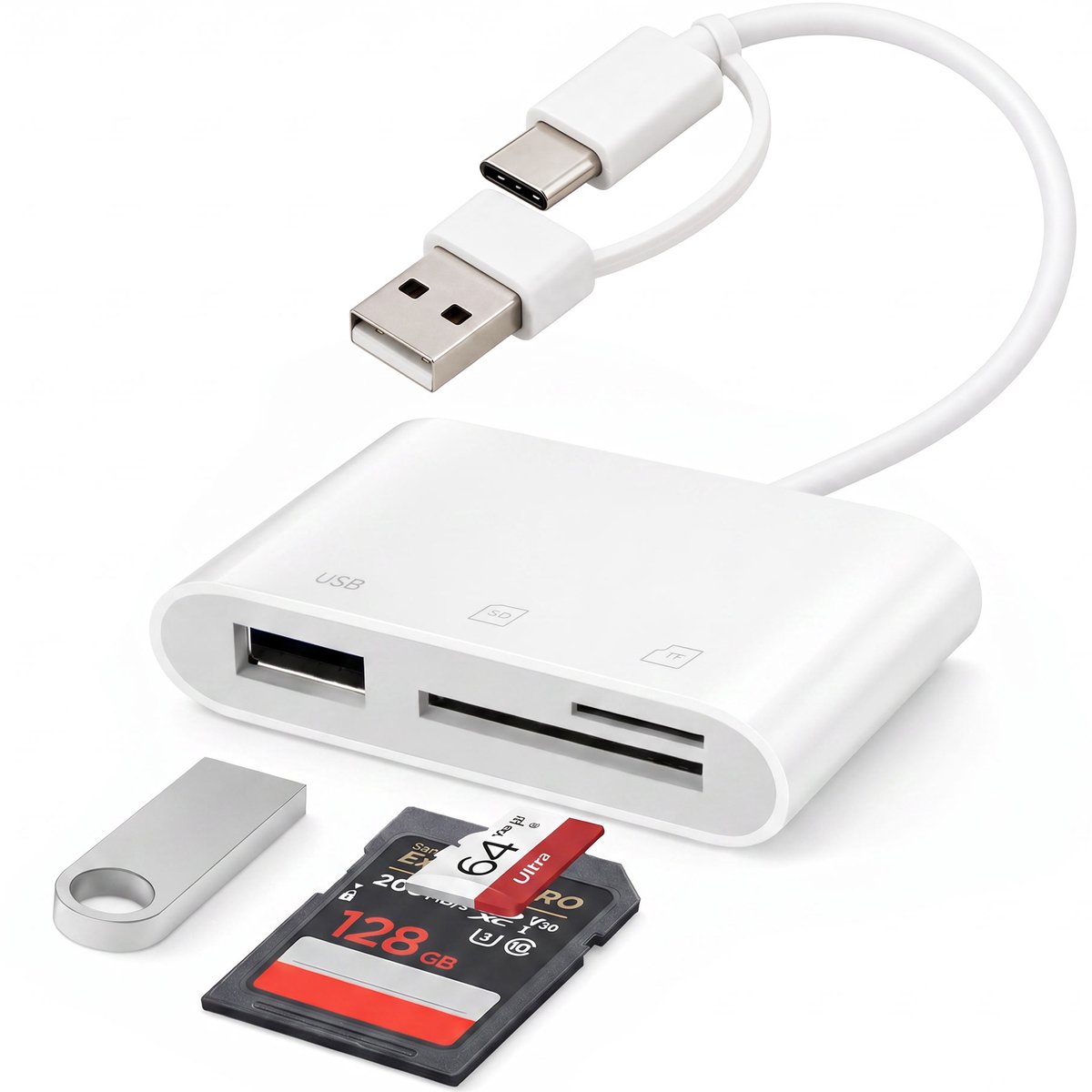 Skoov SD Kaart Lezer met USB-C aansluiting - Micro SD - Adapter - Cardreader - Geheugen kaart - Kaartlezer - Converter - TF - USB A naar USB C - Wit