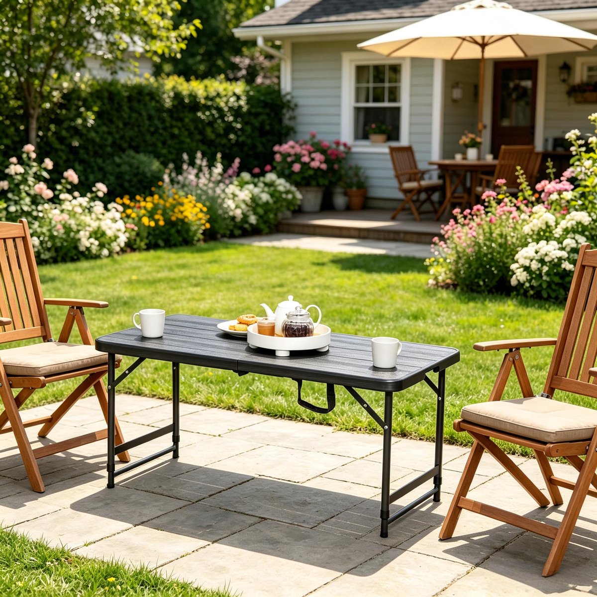 COVREO Tuintafel 118 x 60 x 74 cm zwart, HDPE en staal, voor 4 personen