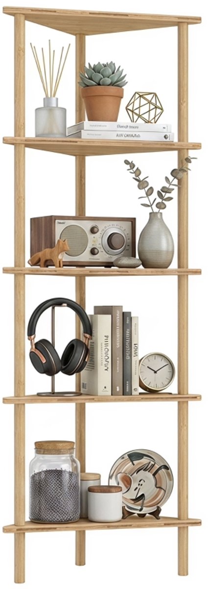 Opbergrek - Hoekplank - Vijfdelige plank - Bamboe - 41,5x21,5x114cm - Geschikt voor het opbergen van diverse spullen en accessoires - Natuurlijke houtkleur