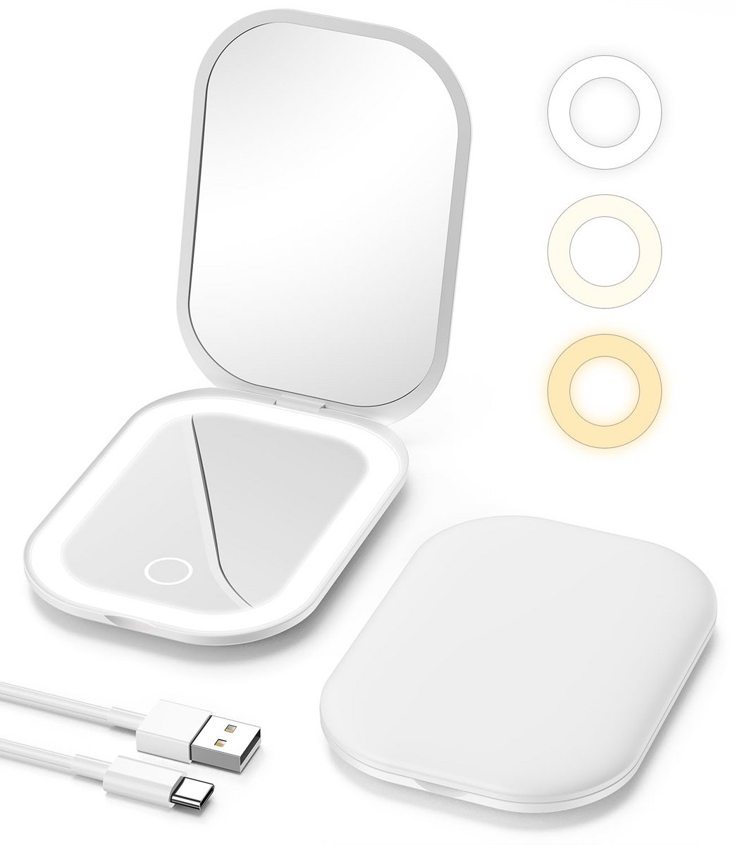 zurabini - Make Up Spiegel met Verlichting - Kleine Spiegel 1x/3x Vergroting - Spiegel met Verlichting in 3 Lichtkleuren, Traploos Dimbaar - Opvouwbare Reisspiegel, USB-C Oplaadbaar - Compact voor Onderweg