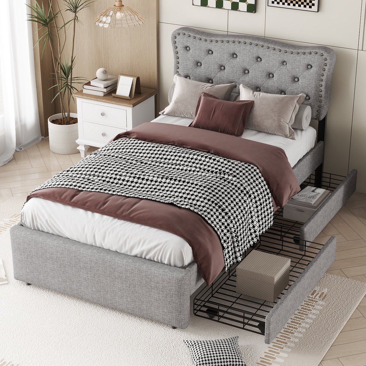 Bedframe - voor matras 90 x 200 cm - grijs - met opbergruimte en lattenbodem - matras niet inbegrepen - voor de slaapkamer