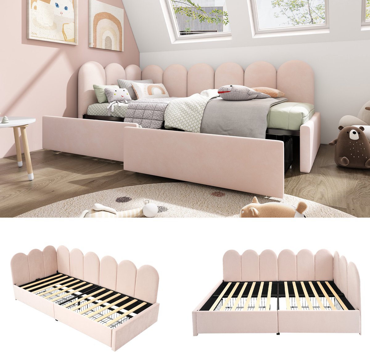 Kinderbed - voor matras 90 x 190 cm - roze - met opbergruimte en lattenbodem - matras niet inbegrepen - voor de slaapkamer