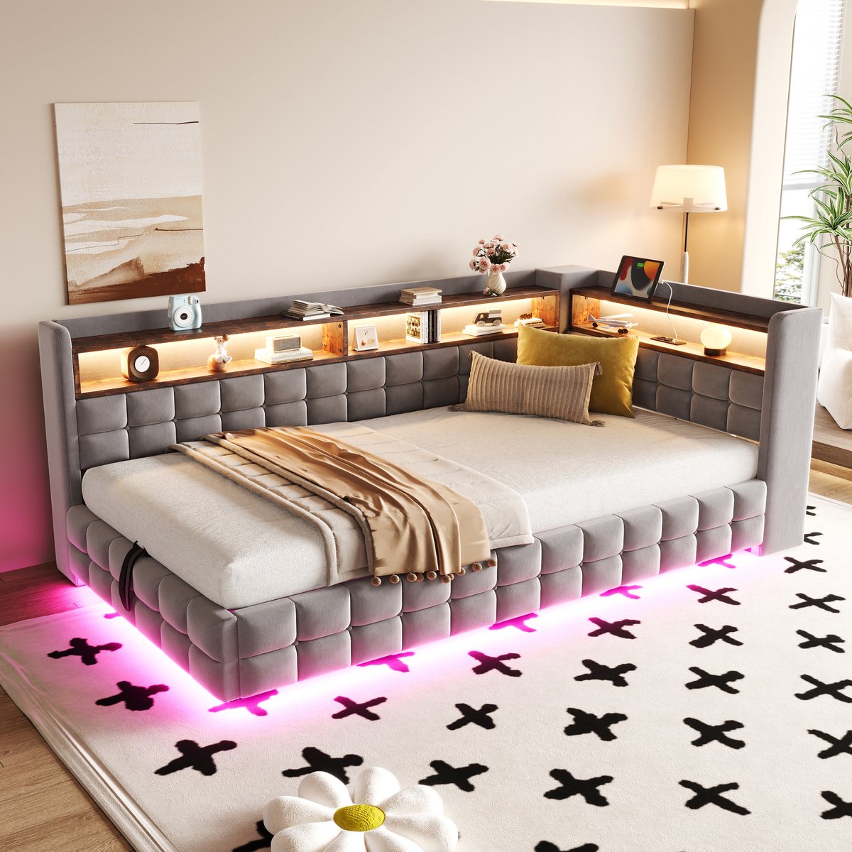 Tweepersoonsbed – 2-Persoonsbed – Bedframe – Slaapkamerbed – Fluwelen Bed – 140x200 cm – Beige Velvet – Lattenbodem Met Opberglade – Retro Modern Gebogen Hoofdeind