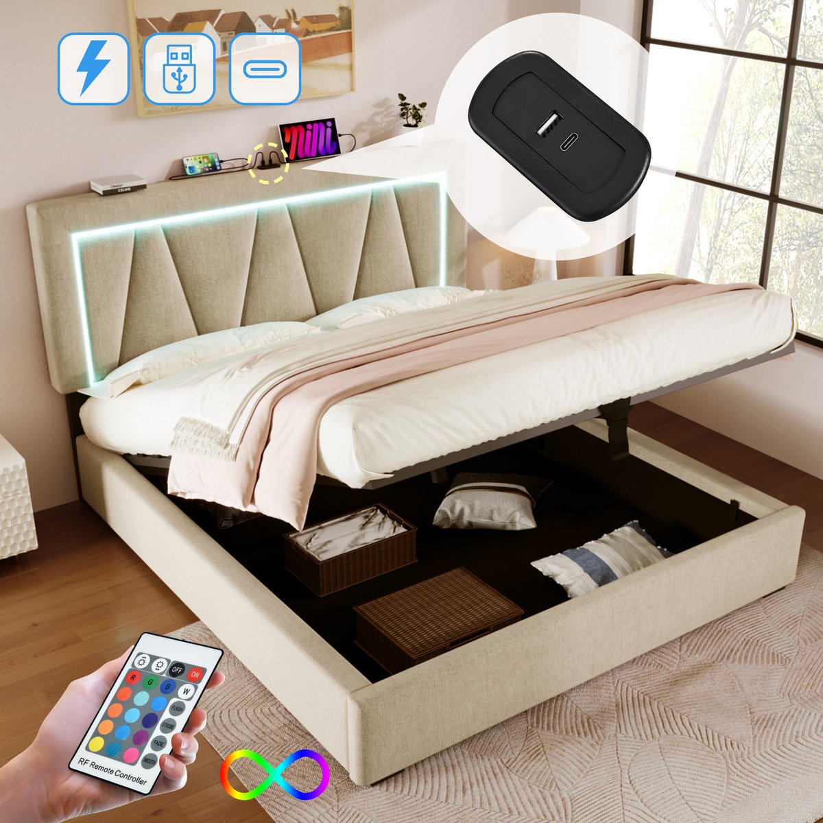 Gestoffeerd bedframe - voor matras 160 x 200 cm - beige - met LED-verlichting en USB-aansluiting en opbergruimte en lattenbodem - voor de slaapkamer