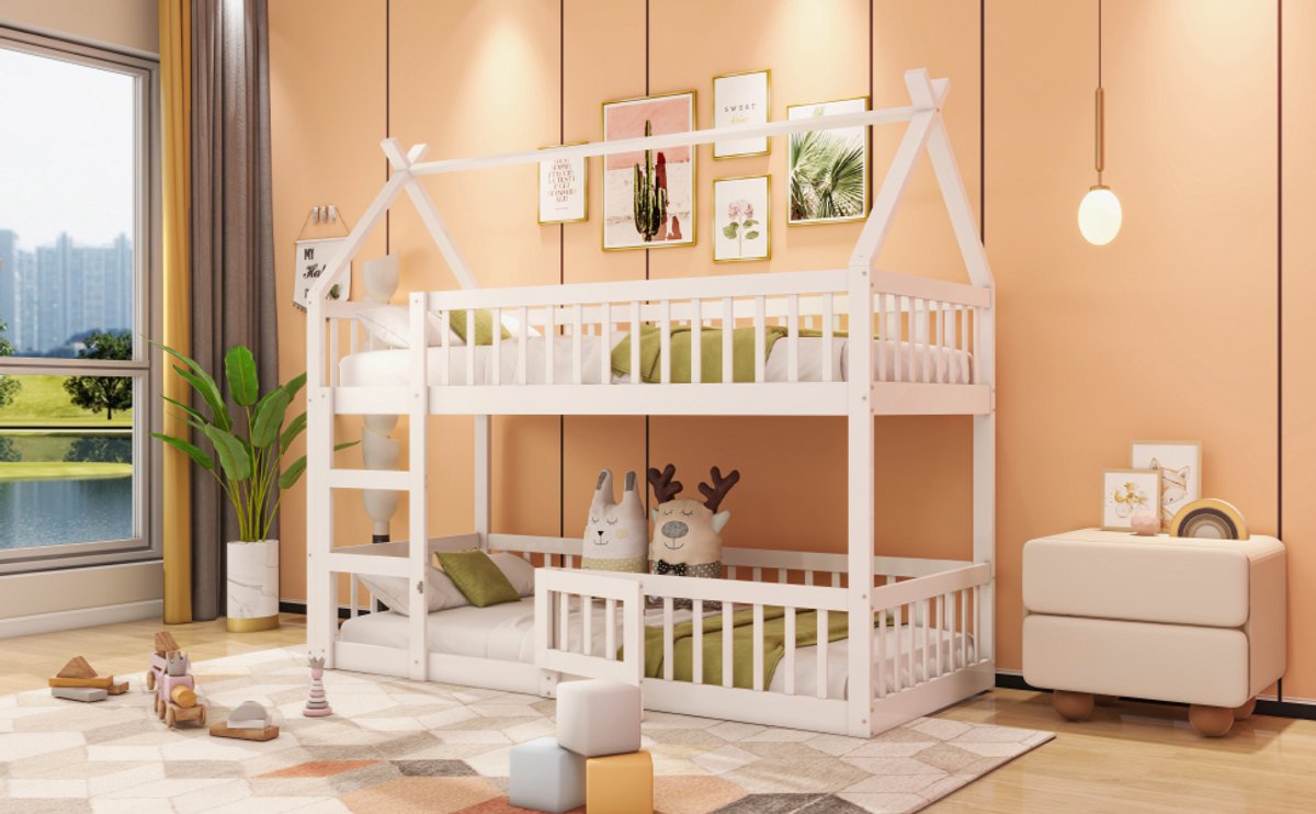 Kinderbed - voor matras 90 x 200 cm - wit - met lattenbodem - afmetingen 95 x 205 x 180,5 cm - matras niet inbegrepen - voor de slaapkamer
