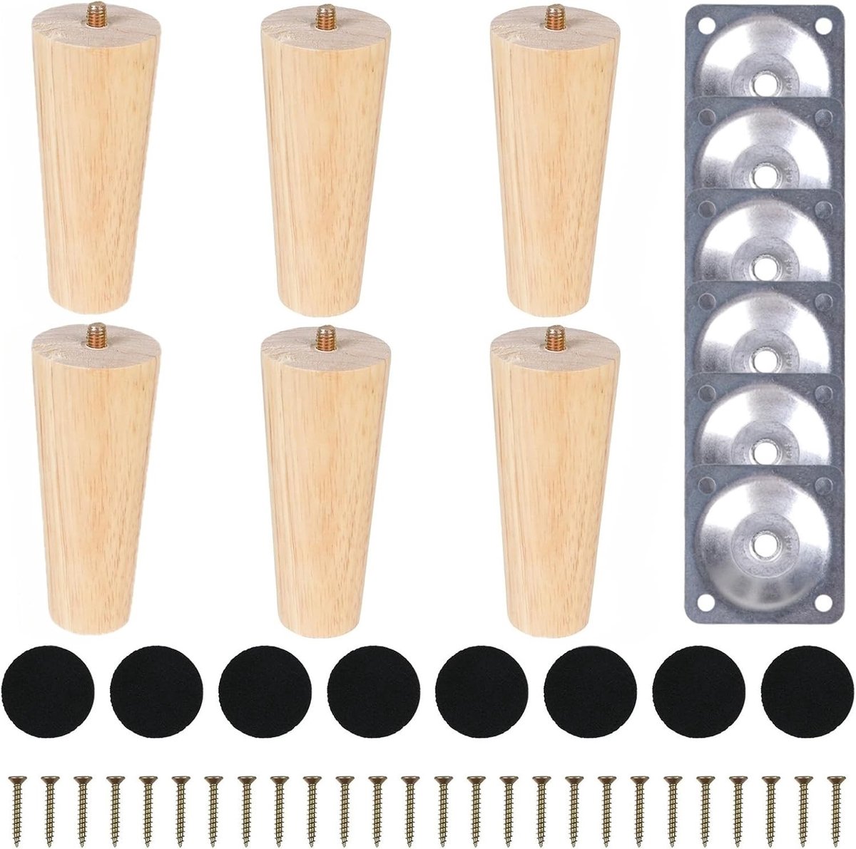 Set van 6 ronde meubelpootjes van 10 cm in originele houtkleur voor meubels, stevig en stijlvol