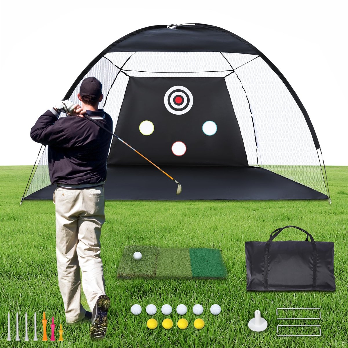 SolidKeus - Golftraining Net 10 x 7 ft met Impact Mat en Draagtas