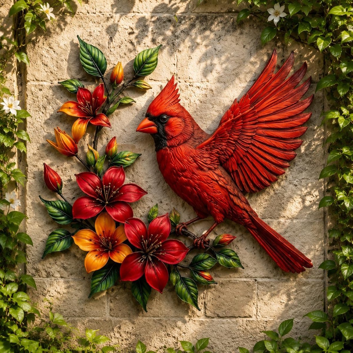 Metalen Vogel Wanddecoratie - Bloemrijke Vogel Tuindecoratie - Metalen Vogel Decoratie voor Buiten - Muurhanger - Kleurrijke Tuindecoratie met Bloemenmotief - Wanddecoratie voor Tuin en Terras - Rood