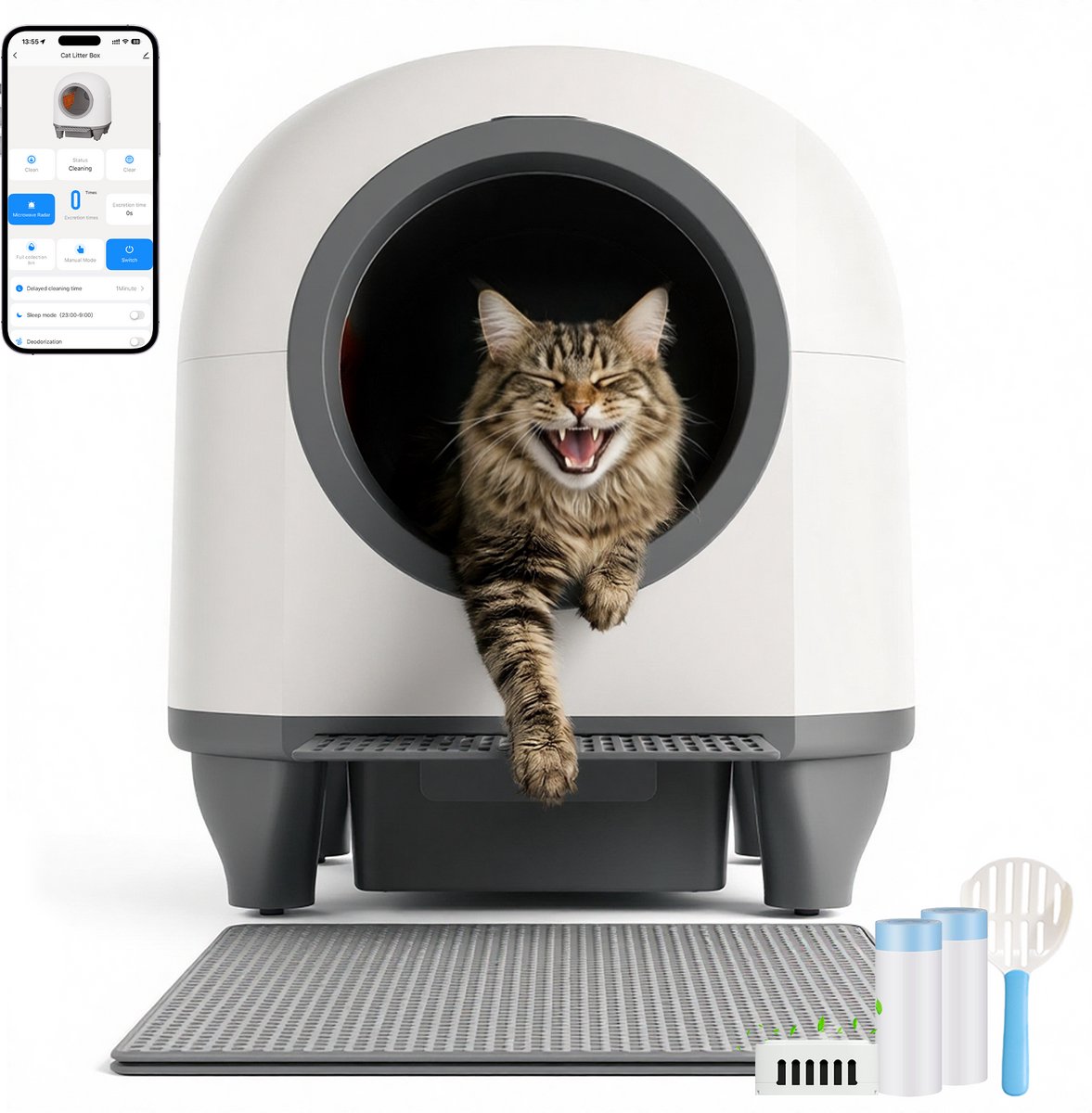 Devoko Automatische Kattenbak XXXL- Zelfreinigende Kattenbak 90L- 7-voudige veiligheidsbescherming - Inclusief luchtverfrisser, vuilniszakken en voetkussentjes - Stille werking en nachtmodus - Geschikt voor huishoudens met meerdere katten
