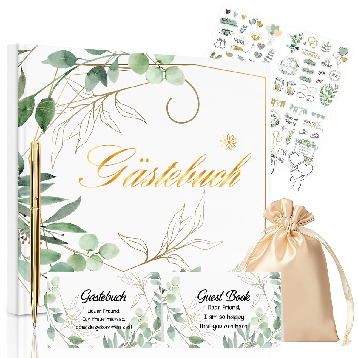 SolidKeus - Gastenboek Bruiloft Set met Pennen en Stickers in Eucalyptus Design
