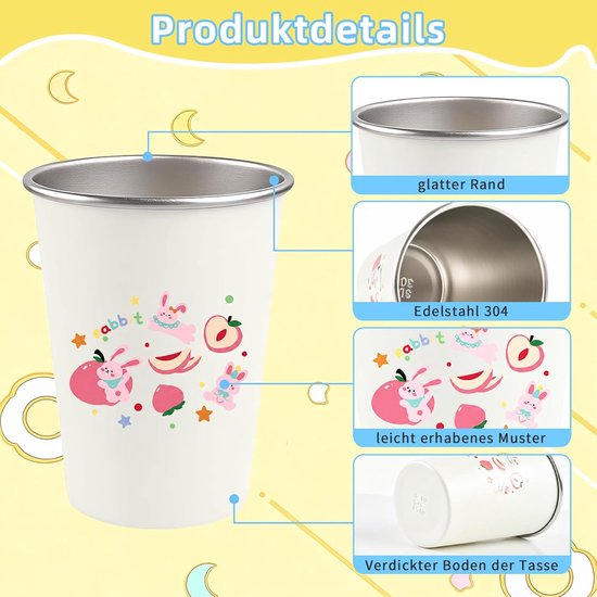 Herbruikbare Kinderbekers - 4 Stuks - RVS - 350ml - Bekers - Mondspoelbeker - Tandborstel Beker - Drinkbeker - School drinkfles - kinder drinkfles - Schoolbeker - Thuis-terug naar school - BPA-vrij & Vaatwasserbestendig — afbeelding 5