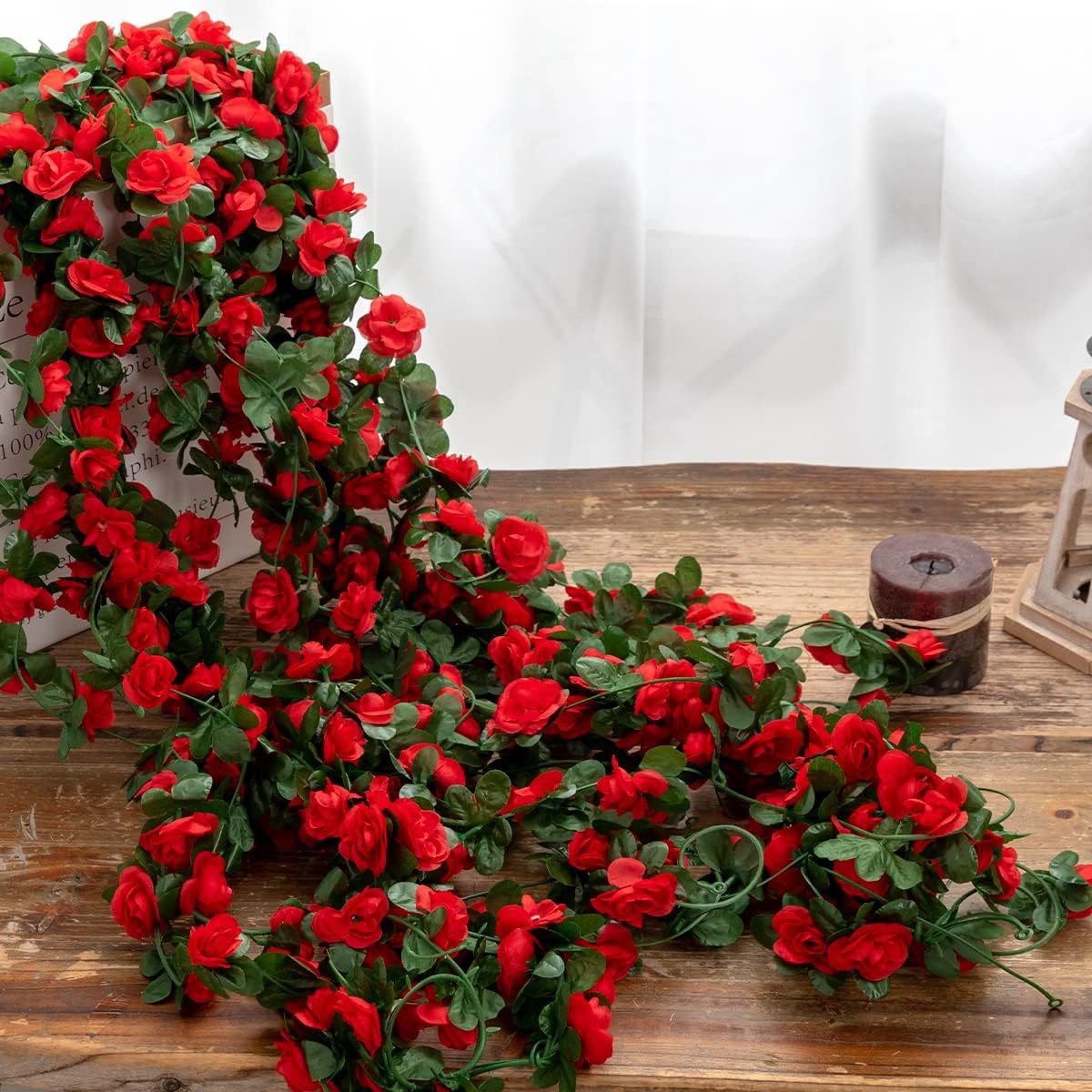 Kunstbloemen Rode Rozenrank – Set van 10 – 2,4 Meter Lange Rozen Slingers – Realistische Kunstrozen – Bruiloft Decoratie, Tuin, Muur & Interieurversiering