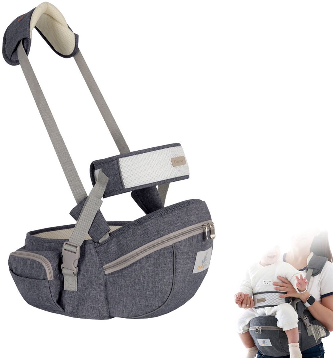 Babyheupdrager – Heupzitje – Babycarrier – Met verstelbare schouderbanden – Opbergvak met grote capaciteit – Geschikt voor kinderen, baby's en peuters – Grijs