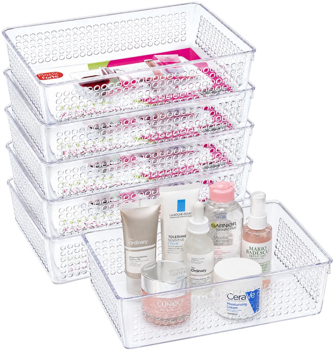 Plasticforte lade organisers bakjes - set 6x stuks - 46 x 47 cm - transparant - kunststof - vakverdelers - opbergbakjes