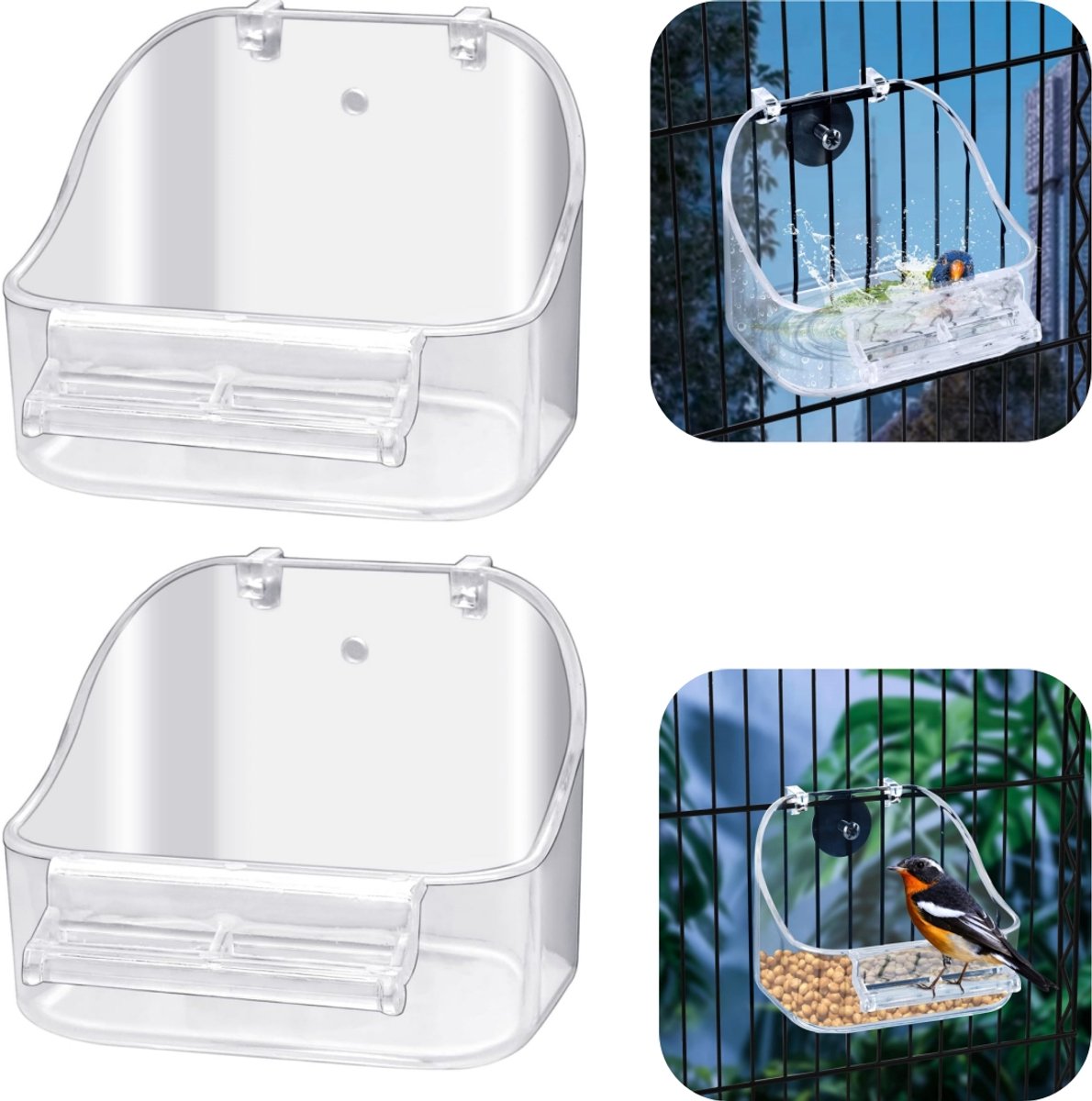 2 stuks vogelbad - voederschaal voor vogelkooi - bad voor papegaai - voerschaal voor kanaries - met schroeven - gemakkelijk schoon te maken - waterdicht - huishoudaccessoires - geschikt voor papegaaien, kanaries, vogelkooien (transparant, 12,8*10cm)