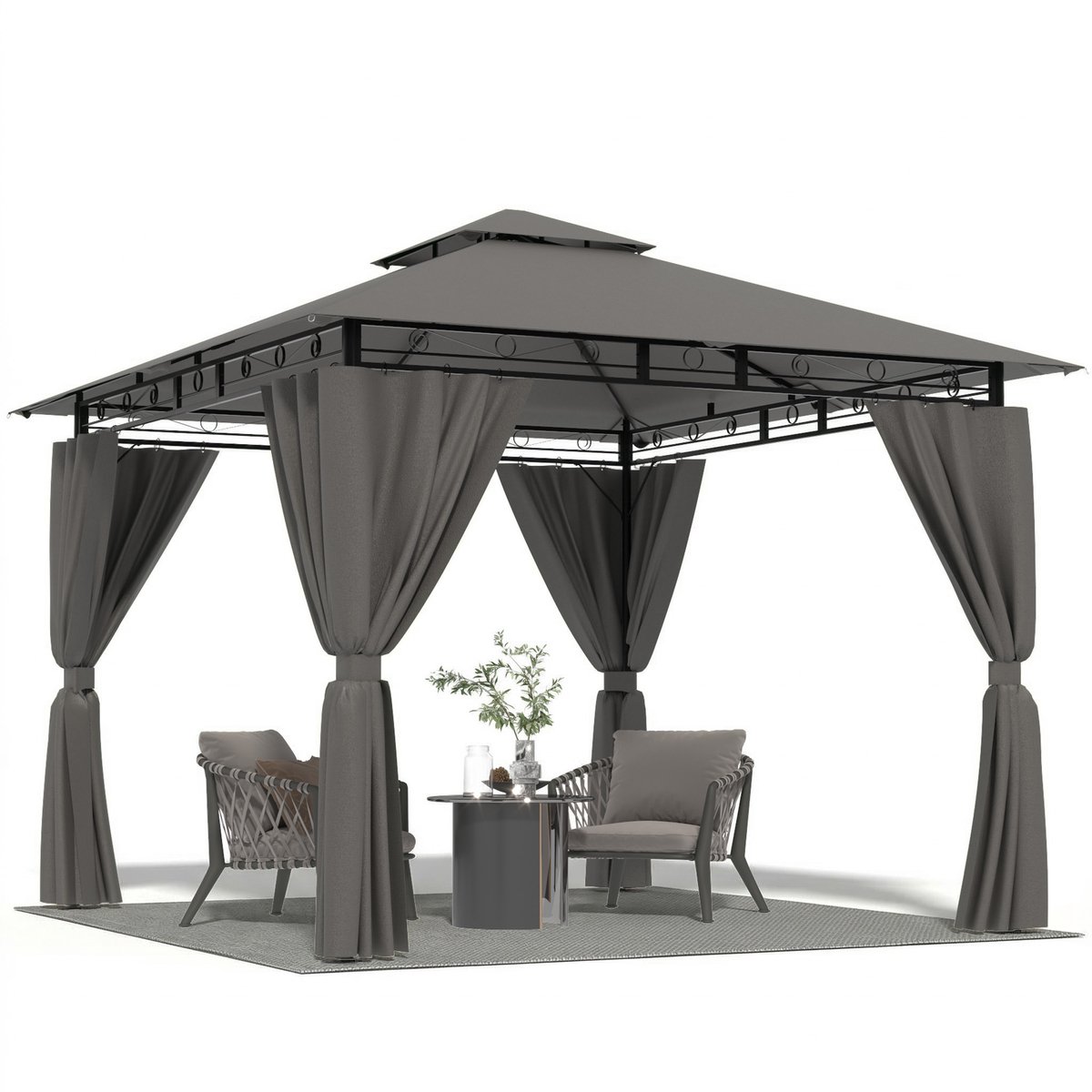 Devoko Tuinpaviljoen 3x3 m – Dubbeldak voor Ventilatie – UV50+ Waterdicht – 4 Afneembare Zijwanden – Weerbestendig Gepoedercoat Staal – Eenvoudige Montage – Grijs