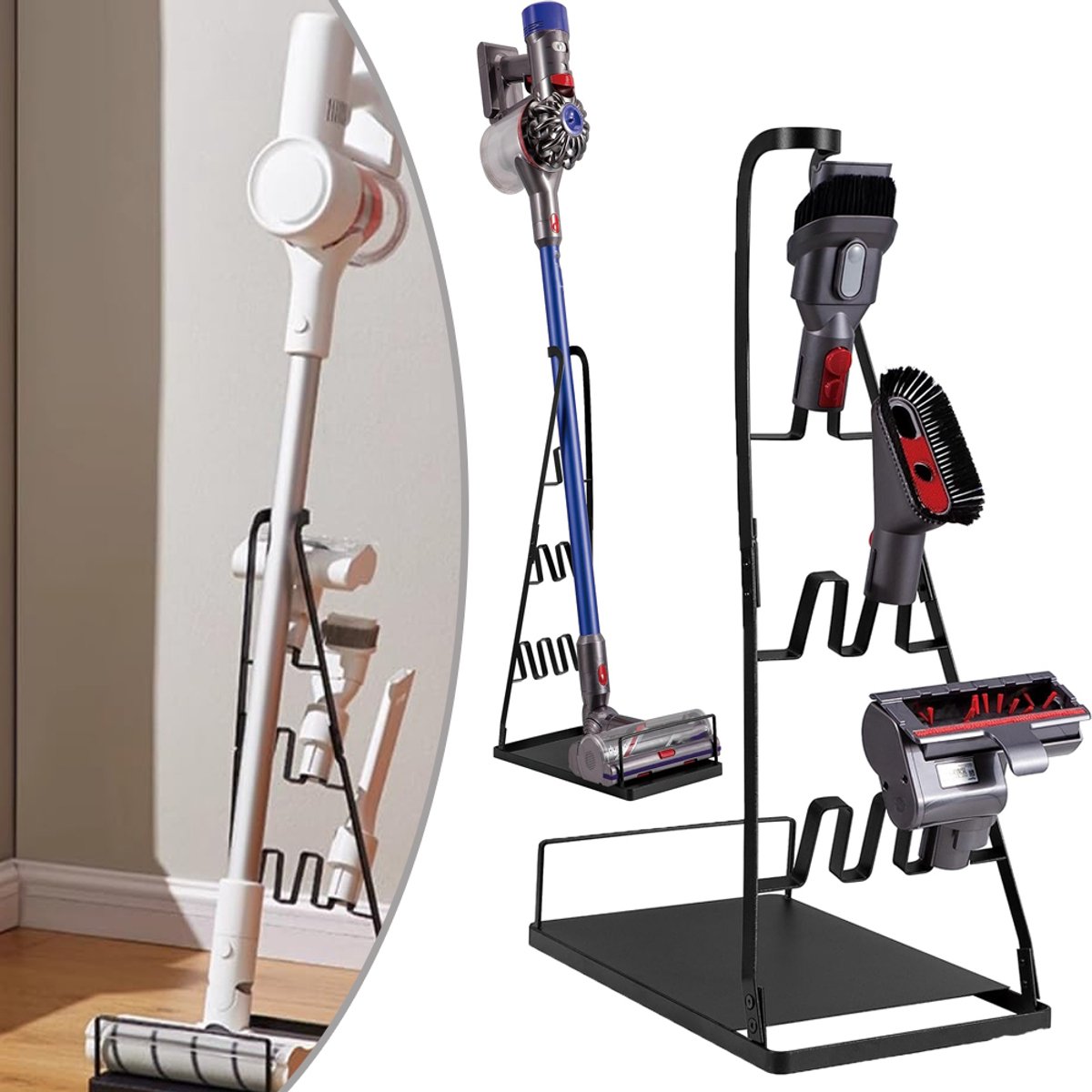 Stofzuigerstandaard Met Opbergruimte Voor Accessoires - Stevig Ijzer Ruimtebesparend Eenvoudig Te Installeren - Geschikt Voor De Meeste Steelstofzuigers 62 cm Hoog - Voor Thuis En Studentenkamer - Zwart