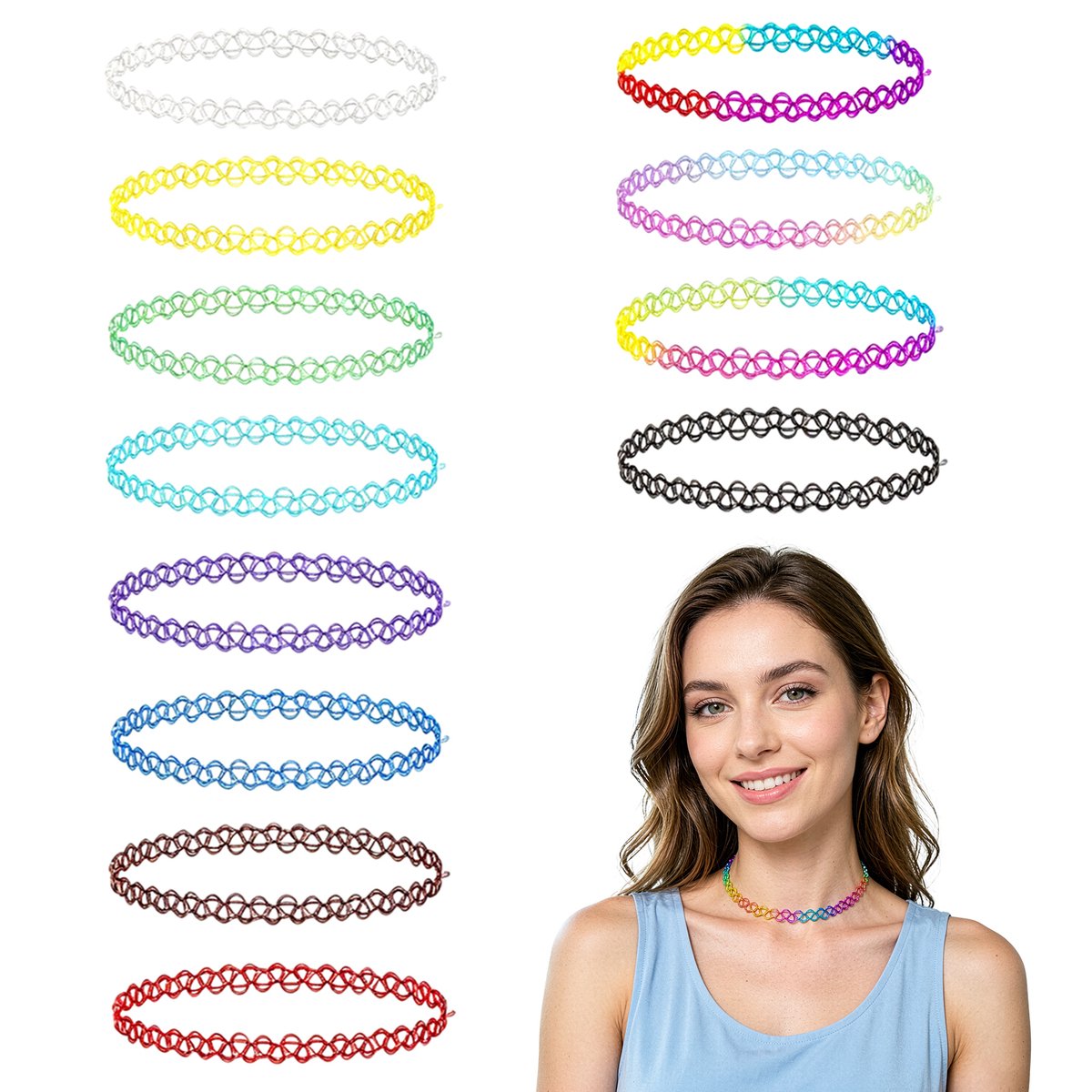12-delige kleurrijke kettingenset - tot 60 cm - sleutelbeenketting van vislijn - choker - elastische ketting - doe-het-zelf ketting - plastic ketting - lichtgewicht en draagbaar - geschikt voor meisjes, kinderen en vrouwen