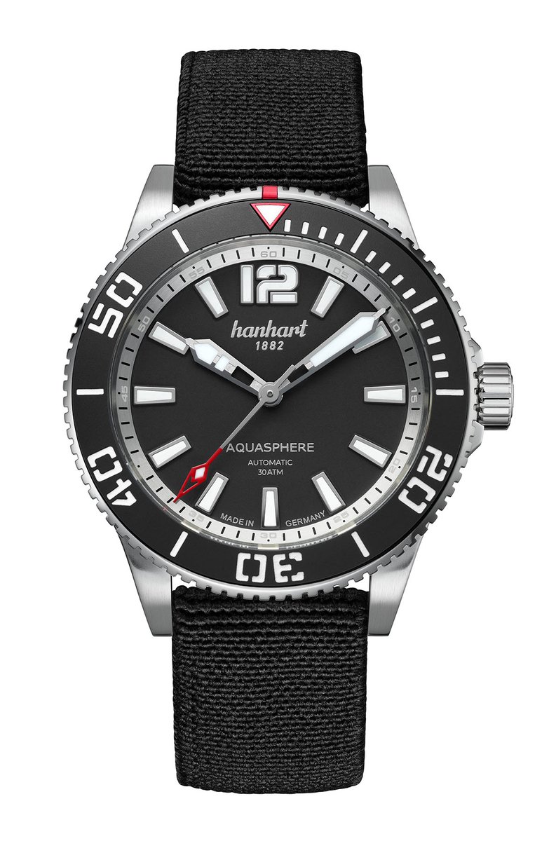 Hanhart horloge AQUASPHERE mat - zwart - textiel band zwart - 42 mm