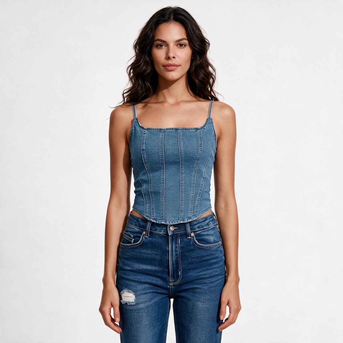 Imily Bela Dames Denim Bustier Top met Brede Bandjes