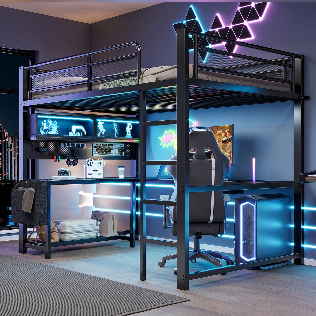 Gaming Hoogslaper (140 X 200 cm) Met Bureau, Tienerhoogslaper, Tweepersoonsbed, Toetsenbordlade, Opbergvakken, Ledverlichting En Oplaadstation - Zwart