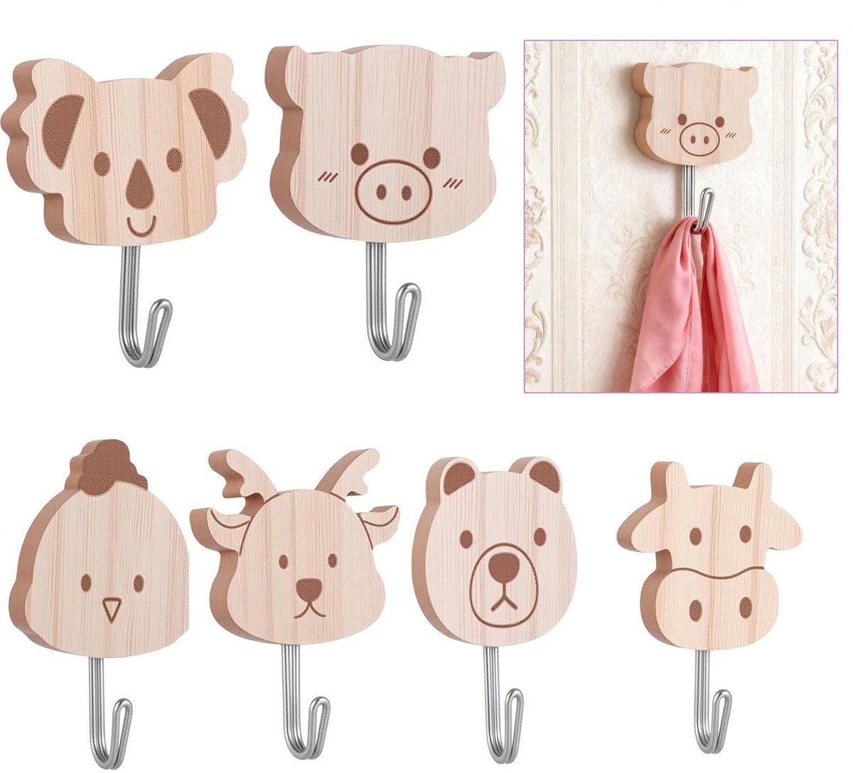Omgoods - Set van 6 Houten Dieren Haakjes voor Kleding