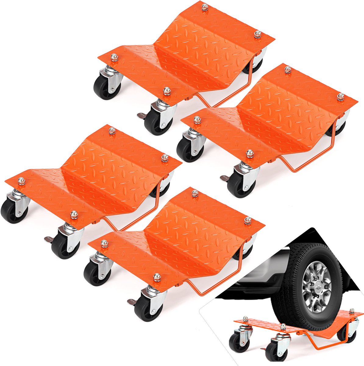 HoerFuriy - Wiel Dolly Staal Set 4‑Stuks - Stalen Band Positionerings Skates Met 360° Zwilwielen En Veiligheidsslot - Tot 680 KG - Per Stuk Voor Auto SUV Motor Atv Garage Werkplaats - Oranje