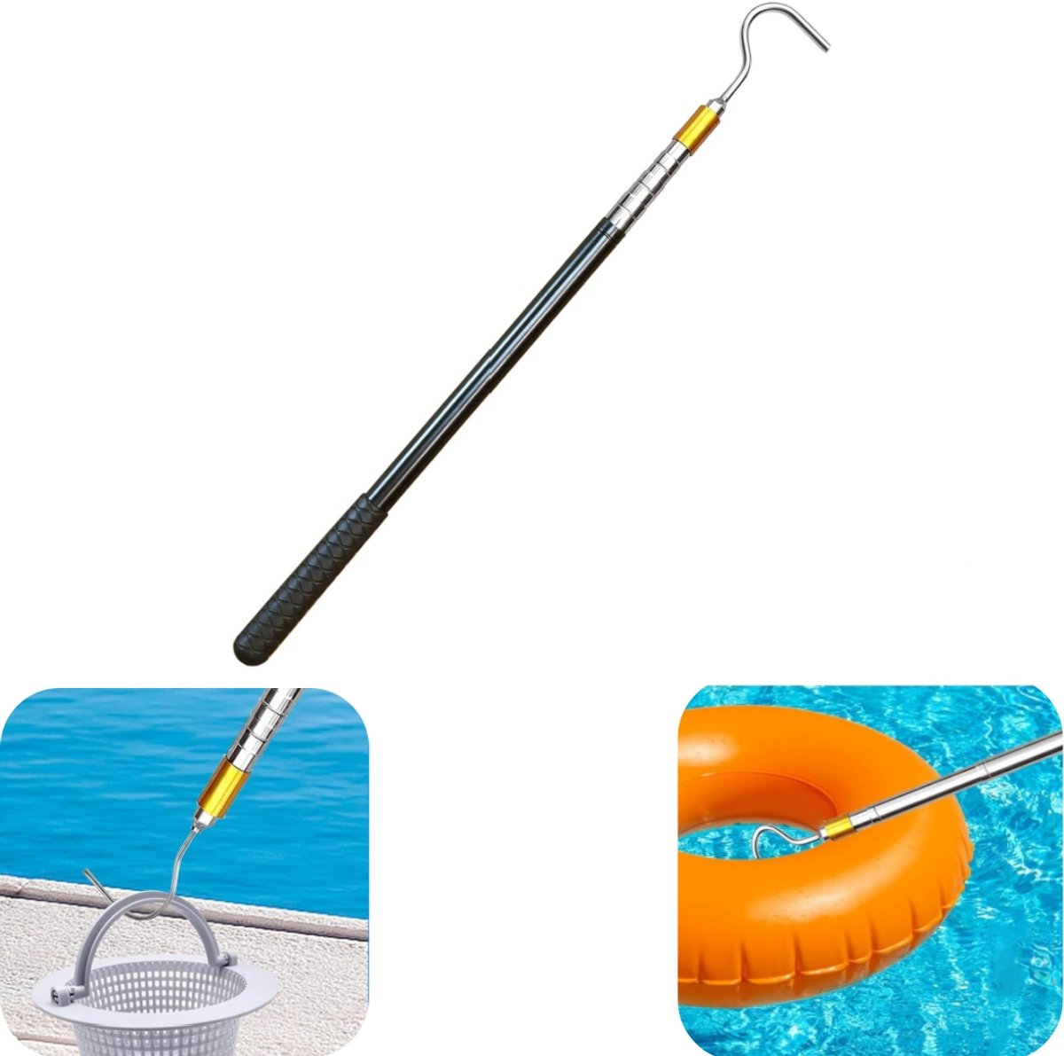 Uittrekbare stang - luifel uittrekbare stang - zwembad schepnet stang - tent uittrekbare stang - met ijzeren haak - buigt niet gemakkelijk - huishoudaccessoires - geschikt voor luifel, voor het scheppen van dingen - buiten (zwart,42*2.5cm)