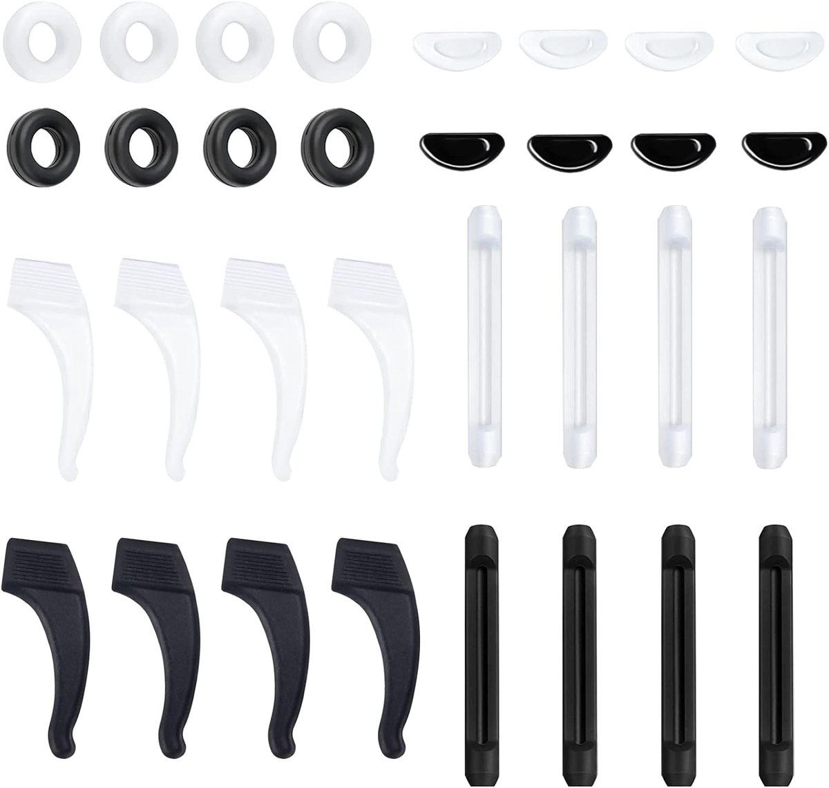 16 Paar Brillen antislip set- met glazen, oorhaken, brillen ,oorkussens ,zelfklevende, neuspads - anti-slip ring - voor brillen leesbrillen - zwart en wit