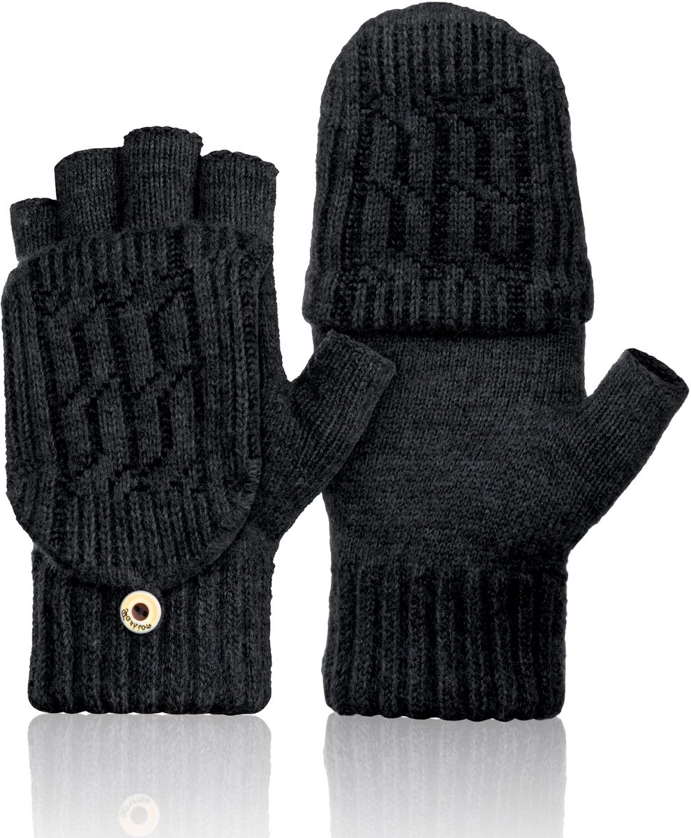 Zwarte Gebreide Heren Handschoenen met Opklapklep Halfvinger model, geschikt voor schrijven, telefoon en buitenactiviteiten