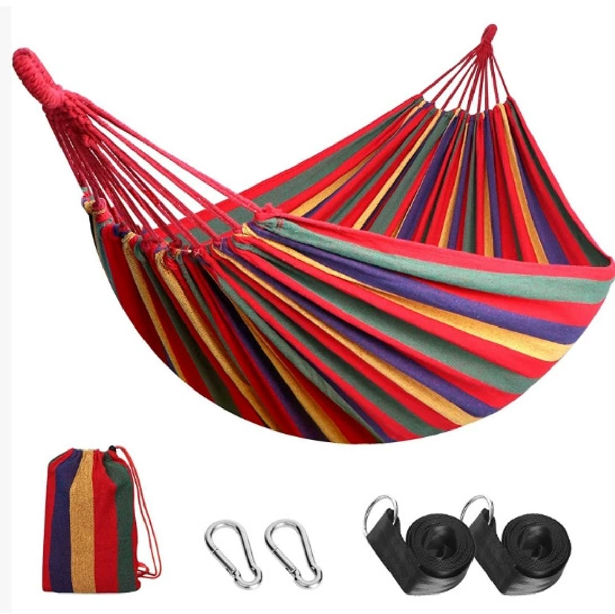 Tweedelige hangmat - Dubbele hangmat - Schommel voor volwassenen - 280*150 cm, dubbele banden + karabijnhaak + opbergtas (geen stokken, geen ijzeren ringen) - Regenboogstrepen