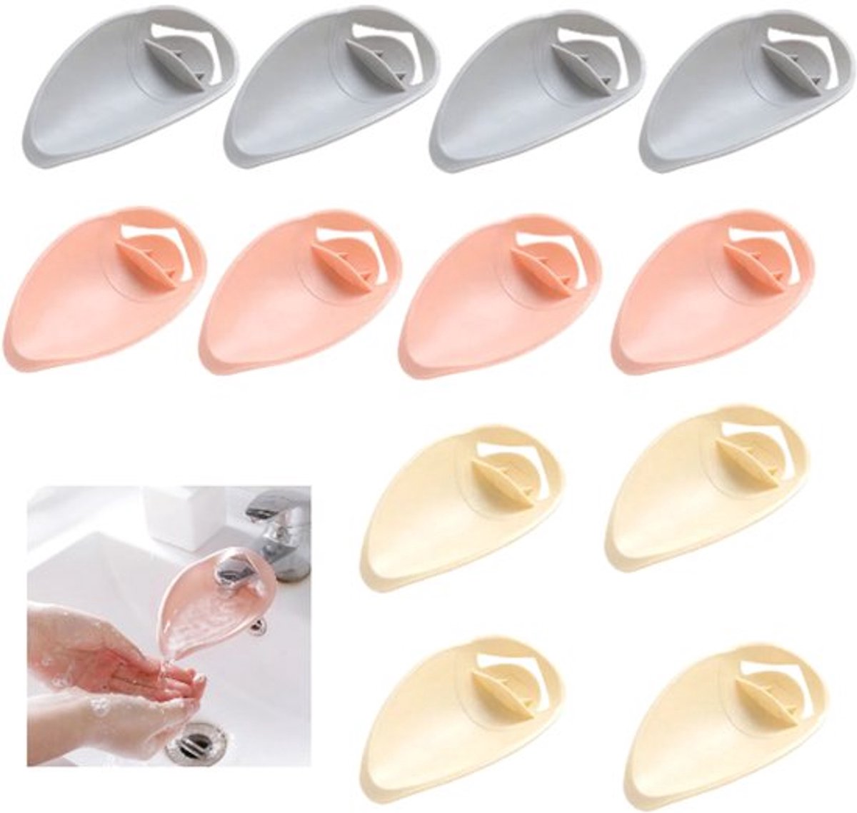 Set van 12 stuks - Kraanverlenger - Afvoerverlenger voor kraan - Handwasverlenger voor kraan - Handwashulp - 14,5*10 cm - Beige - Roze - Grijs - Geschikt voor badkamers en keukens