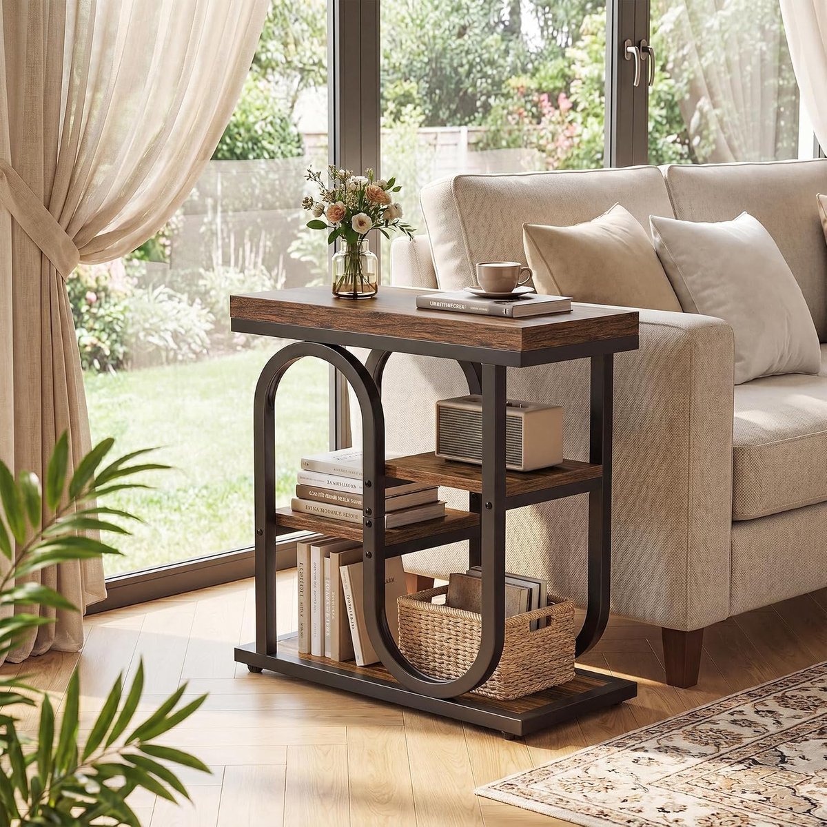 Tribesigns Bijzettafel - Eindtafel met 4 Opbergplanken - Houten Bijzettafel met Bruin Metalen Frames - Tafel - Sidetable voor Woonkamer, Thuiskantoor, Slaapkamer - 60 x 30 x 65 cm