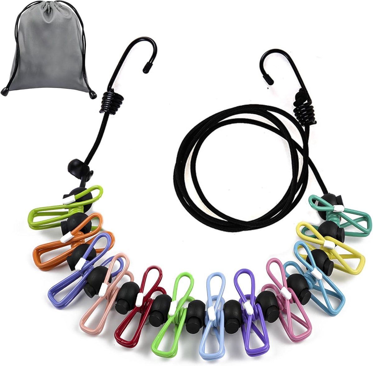 Waslijn uittrekbaar - Veelkleurig - 180-300 cm - Elastische Waslijn met 12 Klemmen - Voor Reizen en Camping