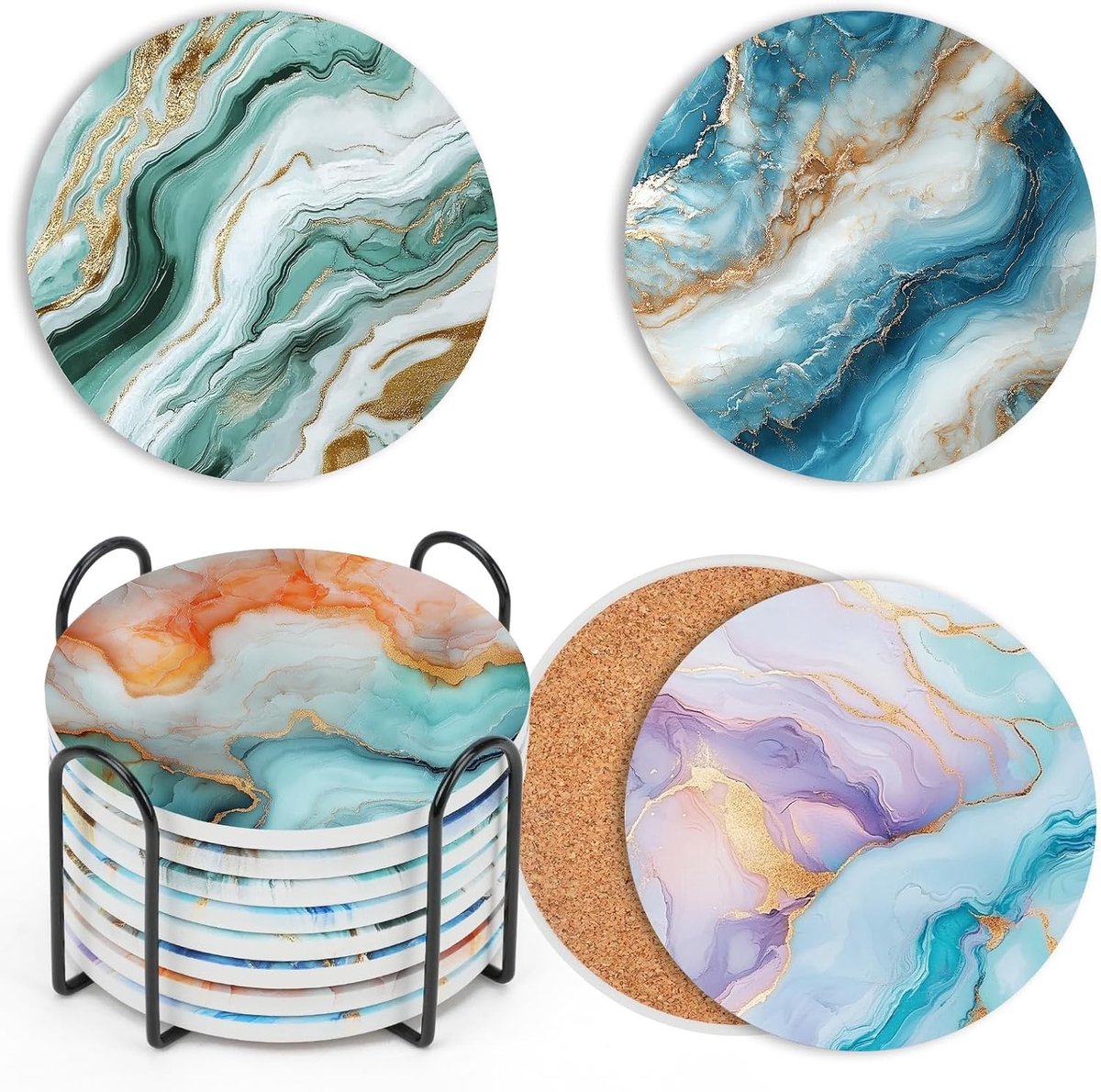 Set van 8 Marmeren Keramische Drinkcontainers met Kurken Onderkant en Houder, Absorberende Coasters voor Tafelbescherming, Perfect voor Koffietafel en Cadeaus voor Huizenwarming
