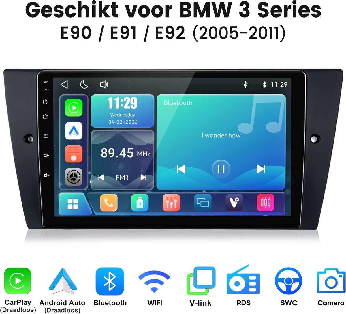 Junsun Linux Systeem Autoradio Geschikt voor BMW 3er E90 E91 E92 318i - Draadloos Carplay & Andriod Auto - 9 Inch HD TouchScreen - Bluetooth - GPS navigatie - WiFi - FM - RDS- Airplay
