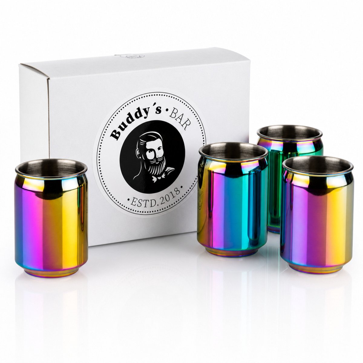 Buddy´s Bar - 4 cocktailCAN-bekers, Ø 7,5 cm, H: 10,5 cm, 350 ml, hoogwaardige roestvrijstalen beker, coole doos voor feestdranken, geschikt voor levensmiddelen, incl. geschenkdoos, set van 4, regenboogeffect