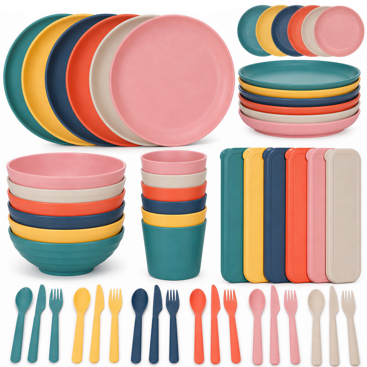 Campingservies set 54-delig voor 6 personen - Kunststof serviesset met 3 bordformaten, kommen, bekers, bestek en bestekdozen - Lichtgewicht en stapelbaar PP met tarwestrovezel - Voor camping, picknick, camper, caravan en thuis - Multicolor